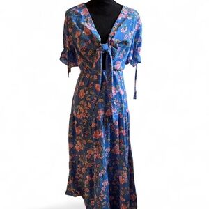 Blue Floral Tie-Front Maxi Dress